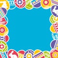 Seamless blue frame with color easter eggs, flowers and rabbit.