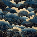 Seamless Blue And Gold Waves: Uemura Shoen Style Pattern