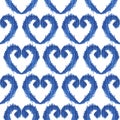 Seamless blue heart shape ikat watercolor pattern on white