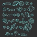 Seamless blue icons set with doodle space elements on dark background . Vector illustration with hand drawn doodle space elemen Royalty Free Stock Photo