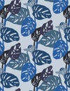 Seamless blue monstera leaves pattern, tropical mood in bright blue tones Royalty Free Stock Photo