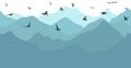 Seamless blue mountains in fog and flying birds, silhouette. Beautiful landscape, wallpaper. Vector illustration Royalty Free Stock Photo