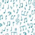 Seamless blue music notes pattern. Musical watercolor background Royalty Free Stock Photo