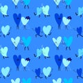 Seamless blue pattern with cartoon hearts. Couples in love of different shades embrace filled with feelings and give gifts. Vector