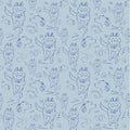 Seamless blue pattern Dogs - doodle illustration