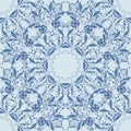 Seamless blue pattern with flowers and leaves made up of circular patterns. Royalty Free Stock Photo