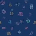 Seamless blue pattern with hand drawn doodle desserts: donuts, cupcakes, cake, pie, muffins