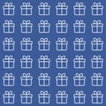 Seamless blue pattern with line gift boxes. Vector background, cover template