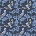 Seamless blue pattern with painted watercolor birds among foliage.