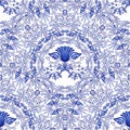 Seamless blue pattern. Repeating floral pattern of circular ornaments. Background of flowers in the style of Chinese painting on p Royalty Free Stock Photo