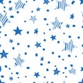 Seamless blue pattern with stars and dots on the white background