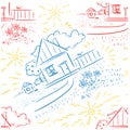 Seamless blue, red, yellow pattern Kids art - house and yard with a dog house and cat on fence