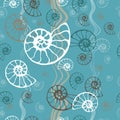 Seamless blue sea pattern fossil ammonite nautilus seashell vector. Hand drawn illustration for spa salon, seafood cafe,