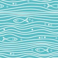 Seamless blue simple pattern with simple fishes and waves. Vector simple marine background.