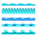 Seamless blue water wave vector bands set for footers, patterns and textures