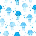 Seamless blue watercolor jellyfish pattern. Royalty Free Stock Photo