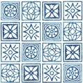 Seamless blue and white azulejo pattern. Square isolated tile. Print for home textiles. Handmade. Indigo ornament painted in