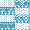 Seamless blue and white pattern of anchors and ship steering wheels