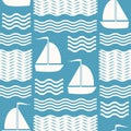 Seamless blue and white sea pattern of waves and sailing vessels Royalty Free Stock Photo