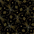 Seamless bohemian golden pattern of beetles and diamonds Royalty Free Stock Photo