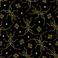 Seamless bohemian golden pattern of beetles and diamonds Royalty Free Stock Photo