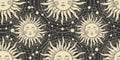 Seamless boho pattern, golden sun with a face and orbits on a black background, esoteric cover pattern, mystical Royalty Free Stock Photo