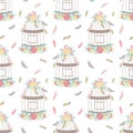 Seamless boho pattern. Vector image on national American motifs. Illustration of a birdcage with feathers and beads. For print, ba