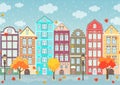 Seamless border of autumn colorful houses, trees and dripping rain, exterior urban landscape, city background. European facades in Royalty Free Stock Photo