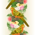 Seamless border Bird Sun Conure Parrot , home pet , parakeet on a branch bouquet with tropical flowers hibiscus, palm,philodendro