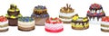 Seamless border of birthday cakes decorated with berries and fruits and chocolate.