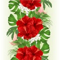 Seamless border bouquet with tropical flowers floral arrangement, with beautiful red hibiscus, palm,philodendron and Brugmansia