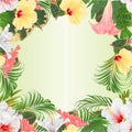 Seamless border bouquet with tropical flowers pink red yellow and white hibiscus and Brugmansia and palm,philodendron watercolor Royalty Free Stock Photo