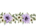 Seamless border of bouquets of flowers, white and purple flowers