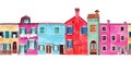 Seamless border with bright hand painted watercolor cute houses