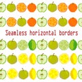 Seamless border, brush, ribbon of oranges, lime, apple. Vector. Pixel. Embroidery Royalty Free Stock Photo