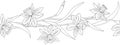 Seamless border or brush with spring flowers and leaves. Narcissus or daffodils. Monochrome ink sketch. Vector illustration Royalty Free Stock Photo