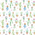Seamless border of a cactus, sikkulent in flowerpot.Seamless pattern of a cactus, sikkulent and floral.