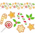 Seamless horizontal border with Christmas sweets, gingerbread and mistletoe