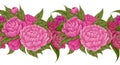 Seamless border with cartoon peony flowers with foliage isolated from background. Vector floral frame. Botany frieze