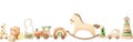 Seamless border of childrens wooden toys, newborn teething toys, rocking horse, pyramid, train, car, rocket, cubes and