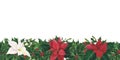 Seamless Border with Christmas holly leaves berries, poinsettia, mistletoe. Watercolor Illustration for template, poster Royalty Free Stock Photo