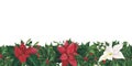 Seamless Border with Christmas holly leaves berries, poinsettia, mistletoe. Watercolor Illustration for template, poster Royalty Free Stock Photo