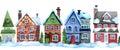 seamless border christmas street. cute winter houses, christmas trees, vintage style