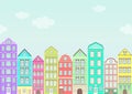 Seamless border with colorful houses, urban landscape, city background. Cute multicolored bright European brick houses stand in Royalty Free Stock Photo