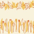 Seamless border. Cooking, autumn menu . Contour Cutlery and autumn leaves Kitchen utensils. Vector