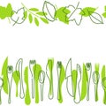 Seamless border. Cooking, spring or summer menu . Outline and silhouette of Cutlery and green leaves, kitchen utensils. Vector