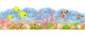 Seamless border with corals, shells and tropical fish.