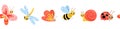 Seamless border with cute bugs. Childish endless pattern isolated on white background, ladybug, butterfly, snail, dragonfly Royalty Free Stock Photo