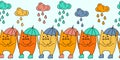 Seamless border with Cute cat with umbrella, boots and rain clouds . Pets. Vector illustration Royalty Free Stock Photo