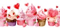 seamless border with cute cupcakes with pink cream and hearts. illustration for valentine\'s day.